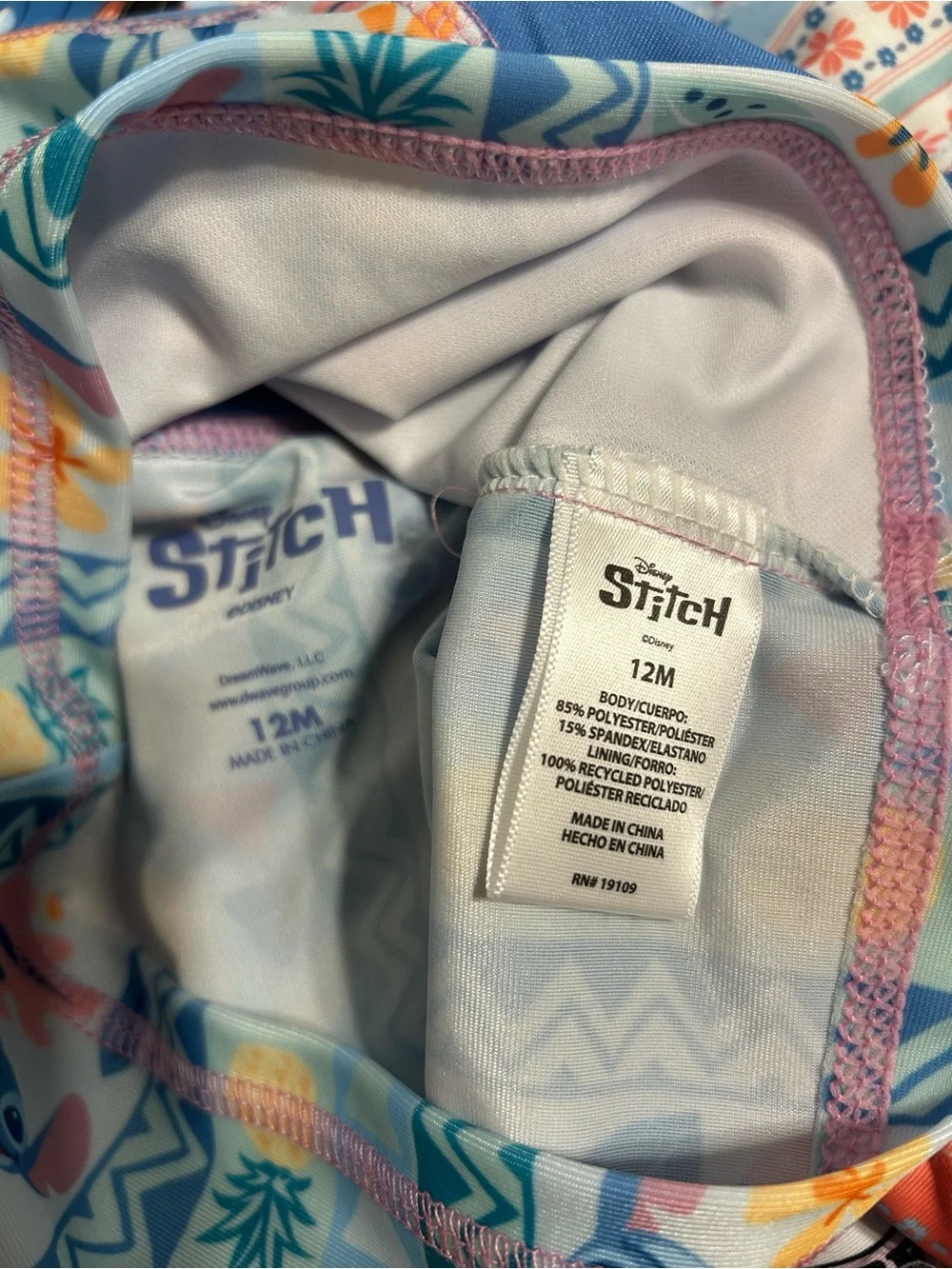 Disney Stitch Baby Girls 2PC Rash Guard Swimsuit Set Blue UPF 50+ 12M NEW